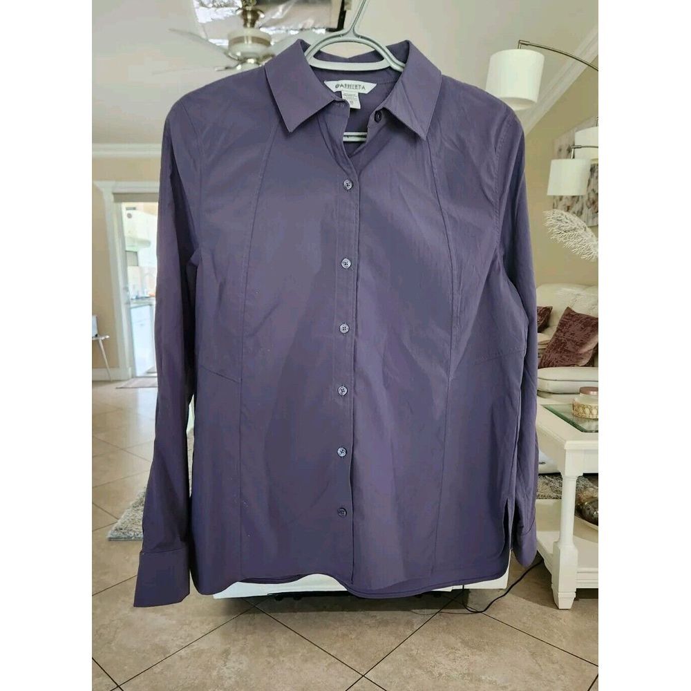 Athleta Womens Performance Poplin Popover Top Long Sleeve Violet Blouse Shirt XS